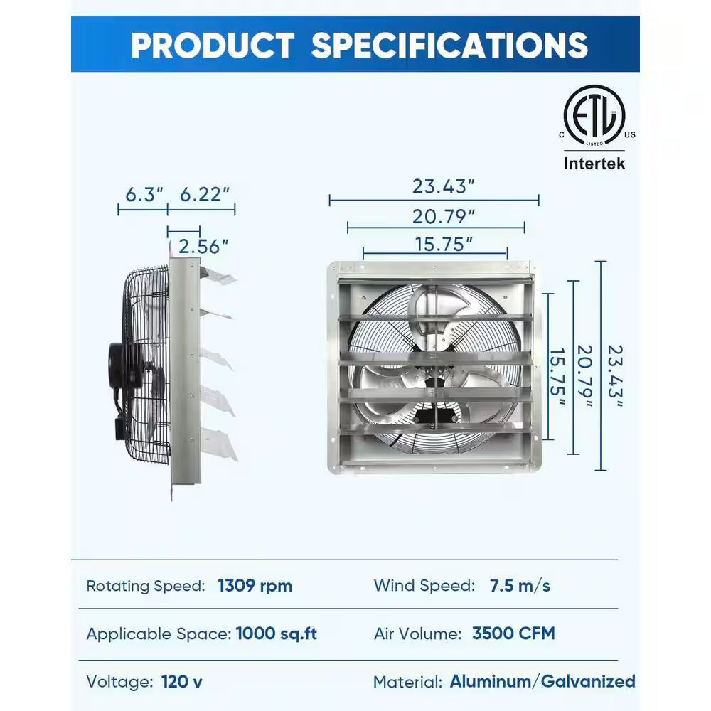 20 In. Shutter Exhaust Fan with 1.65M Power Cord, Wall Mounted, 3500CFM, Vent Fan for Garages, Greenhouses
