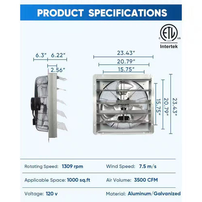 20 In. Shutter Exhaust Fan with 1.65M Power Cord, Wall Mounted, 3500CFM, Vent Fan for Garages, Greenhouses