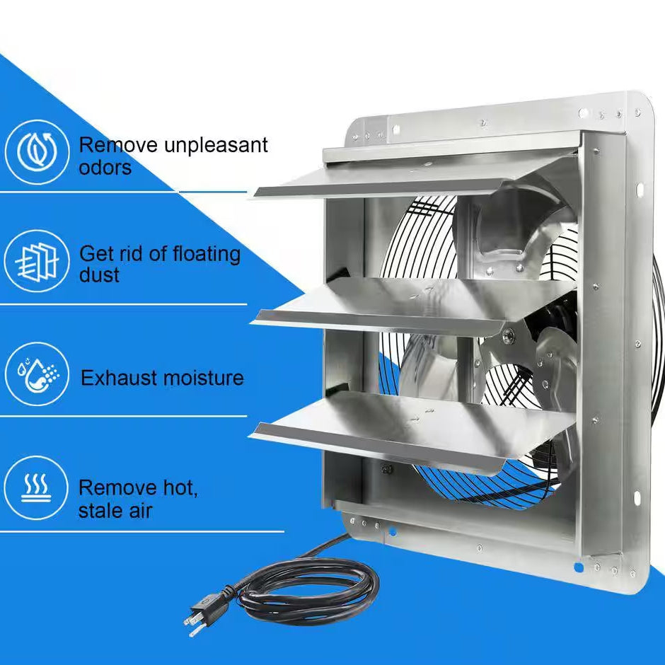 14 In. Shutter Exhaust Fan, 1520CFM, Wall Mounted with 1.65M Power Cord, for Garages, Attics, Electric Powered Aluminum