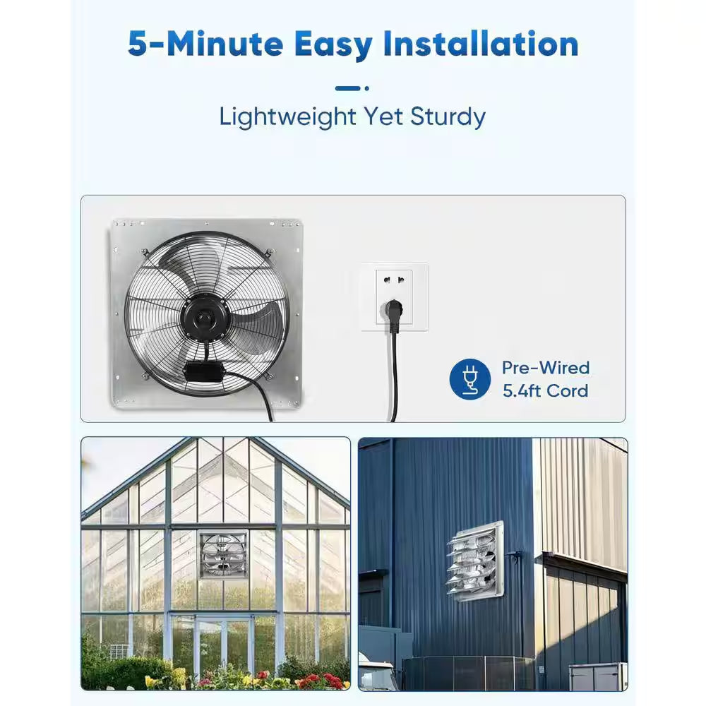 20 In. Shutter Exhaust Fan with 1.65M Power Cord, Wall Mounted, 3500CFM, Vent Fan for Garages, Greenhouses