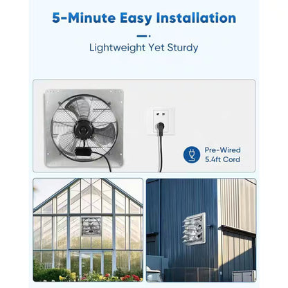 20 In. Shutter Exhaust Fan with 1.65M Power Cord, Wall Mounted, 3500CFM, Vent Fan for Garages, Greenhouses