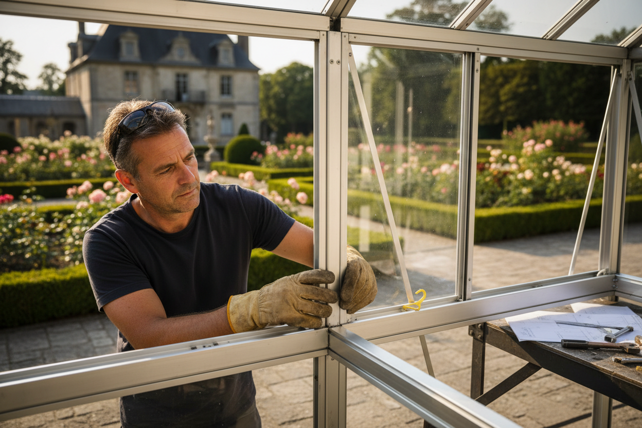 Craftsman inspecting greenhouse framing