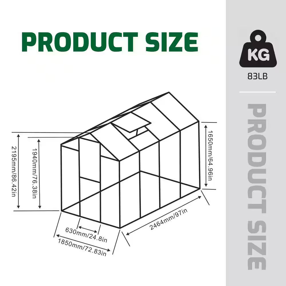 72.83 In. W X 97 In. D X 86.42 In. H Polycarbonate Raised Base and Anchor Aluminum Heavy Duty Walk-In Greenhouse